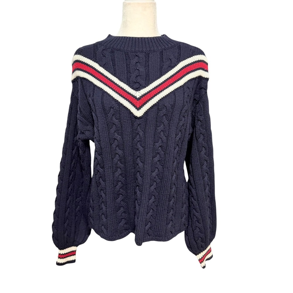 Saylor Brinley Tunic Women S Navy Blue Cable Knit Chevron Fishermans Sweater